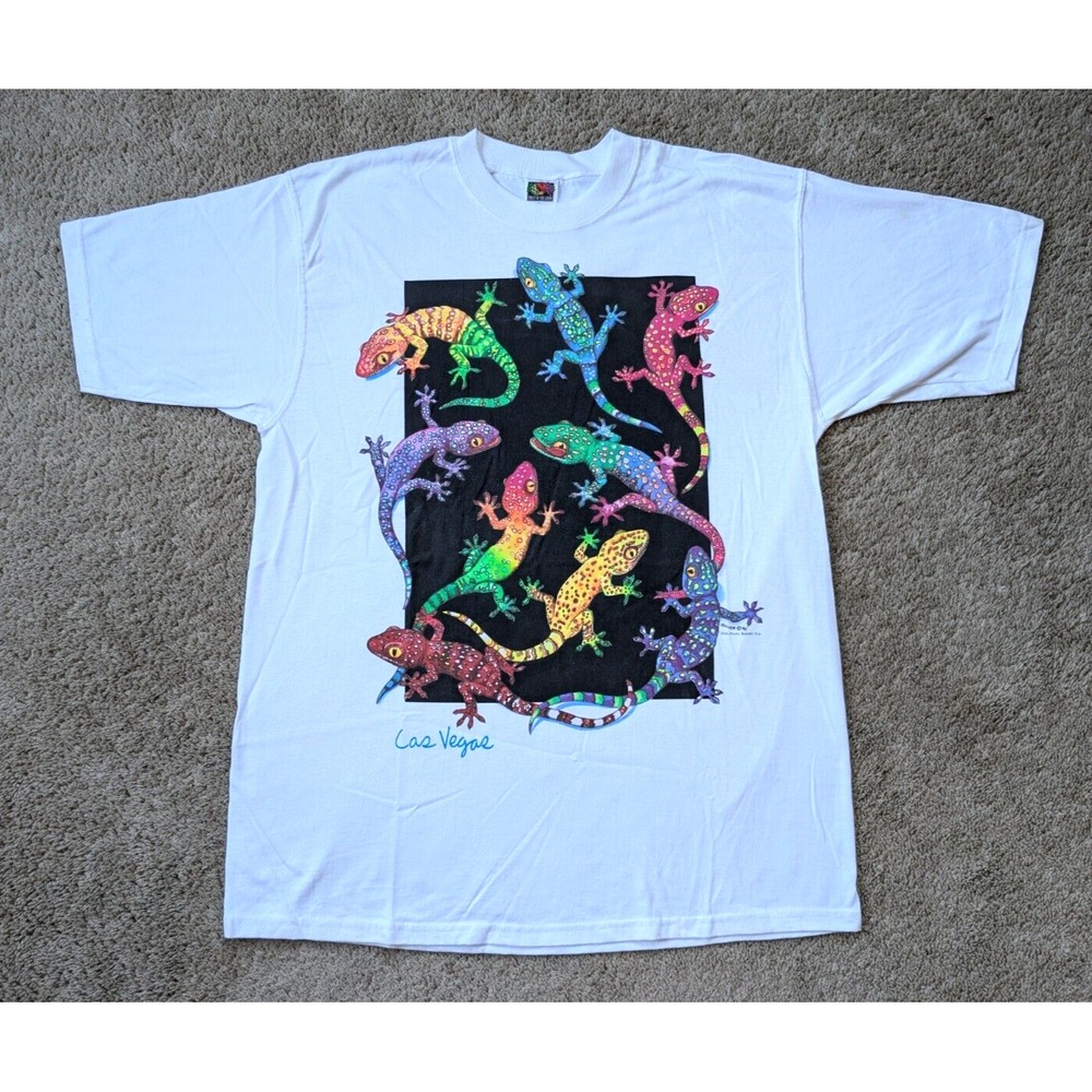Vintage Las Vegas Shirt Mens Large Rainbow‎ Gecko Lizards White 90s